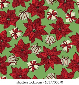 Vector  seamless pattern with hand drawn red poinsettias and Christmas gifts. 