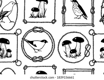 Vector seamless pattern with hand drawn cute birds and wild mushrooms in vintage rope frames made with ink. Beautiful animal and wild nature design elements. Perfect for prints and patterns