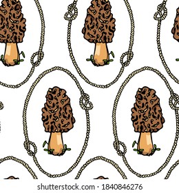 Vector seamless pattern with hand drawn morel mushrooms in vintage rope frames. Ink drawing, graphic style. Beautiful food and forest design elements.