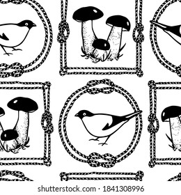 Vector seamless pattern with hand drawn cute birds and wild mushrooms in vintage rope frames made with ink. Beautiful animal and wild nature design elements. Perfect for prints and patterns