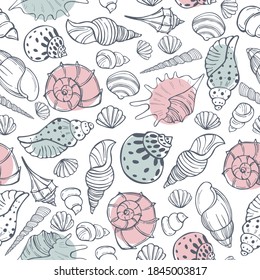  Vector  seamless pattern with hand drawn seashells.