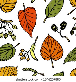 Vector seamless pattern with hand drawn autumn leaves and tree  seeds. Beautiful nature design elements, ink drawing. Perfect for prints and patterns.