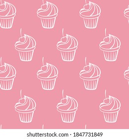 Vector seamless pattern with hand drawn cupcakes in line art style. Vector illustration