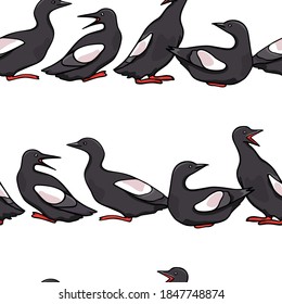 Vector seamless pattern with hand drawn black guillemots. Beautiful animal design elements, ink drawing. Perfect for prints and patterns