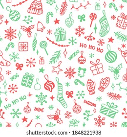 Vector seamless pattern with hand drawn Christmas elements. Cute design for wrappings, textile and backgrounds