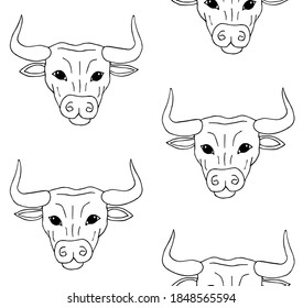 Vector seamless pattern of hand drawn doodle sketch bull face isolated on white background