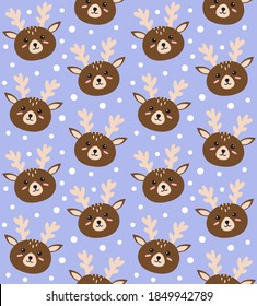 Vector seamless pattern of hand drawn doodle flat cartoon deer face isolated on blue background