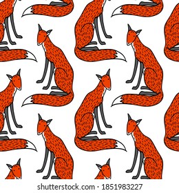 Vector seamless pattern with hand drawn sweet red foxes. Beautiful animals design elements, ink drawing made in cartoonish style. Perfect for prints and patterns