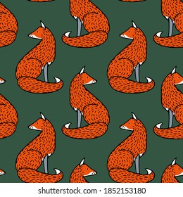 Vector seamless pattern with hand drawn sweet red foxes. Beautiful animals design elements, ink drawing made in cartoonish style. Perfect for prints and patterns