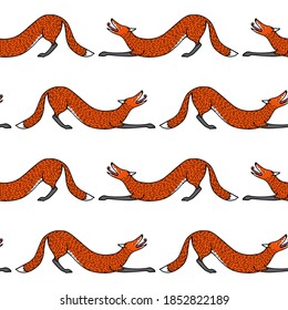 Vector seamless pattern with hand drawn sweet red foxes stretching after waking up. Beautiful animals design elements, ink drawing made in cartoonish style. Perfect for prints and patterns