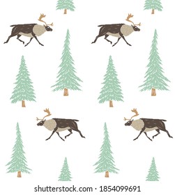 Vector seamless pattern of hand drawn doodle sketch colored reindeer and spruce tree isolated on white background