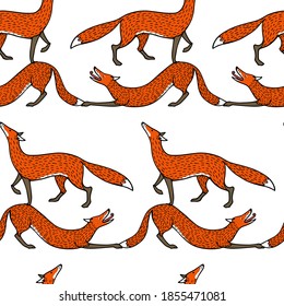 Vector seamless pattern with hand drawn sweet red foxes stretching after waking up. Beautiful animals design elements, ink drawing made in cartoonish style. Perfect for prints and patterns