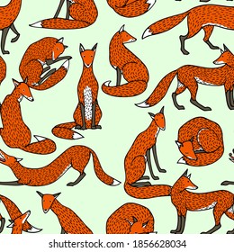 Vector seamless pattern with hand drawn sweet red foxes. Beautiful animals design elements, ink drawing made in cartoonish style. Perfect for prints and patterns