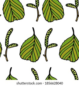 Vector seamless pattern with hand drawn yellow-green autumn leaves and tree  seeds. Beautiful nature design elements, ink drawing. Perfect for prints and patterns.