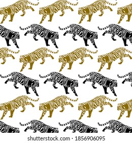 Vector seamless pattern with hand drawn minimalistic illustration of tiger. Creative artwork. Template for card, poster, banner, print for t-shirt, pin, badge, patch.