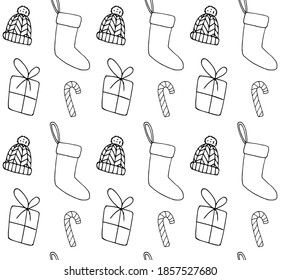 Vector seamless pattern of hand drawn doodle sketch Christmas elements isolated on black background