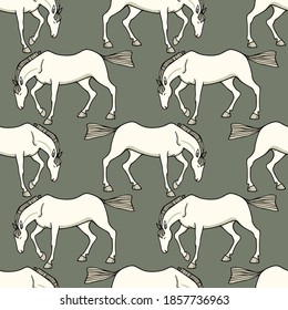 Vector seamless pattern with hand drawn graceful White Horses. Beautiful ink drawing, animal illustration. Perfect for prints and patterns