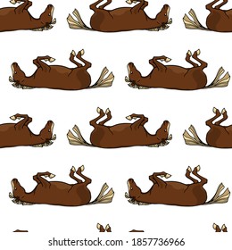 Vector seamless pattern with hand drawn playful lying horse. Beautiful ink drawing, animal illustration. Perfect for prints and patterns