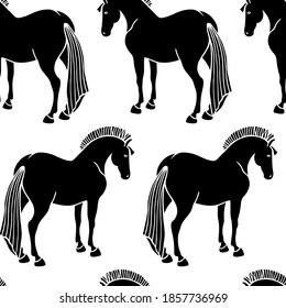Vector seamless pattern with hand drawn graceful horses made in linocut style. Beautiful ink drawing, animal illustration. Perfect for prints and patterns