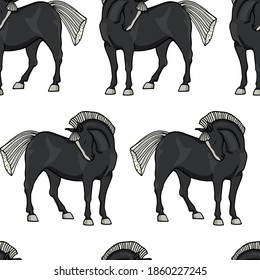 Vector seamless pattern with hand drawn graceful Black Horses. Beautiful ink drawing, animal illustration. Perfect for prints and patterns