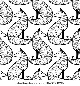 Vector seamless pattern with hand drawn sweet foxes made in linocut style. Beautiful animals design elements, ink drawing made in cartoonish style. Perfect for prints and patterns