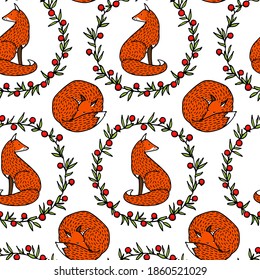 Vector seamless pattern with hand drawn sweet red foxes in red berries wreath. Beautiful animals design elements, ink drawing made in cartoonish style. Perfect for prints and patterns