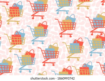 Vector seamless pattern with hand drawn supermarket carts. Great background for sales and promotions design. Digtle illustration