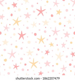 Vector seamless pattern with hand drawn stars and dots. Simple abstract design for wrapping paper, textile, stationery, wallpaper.