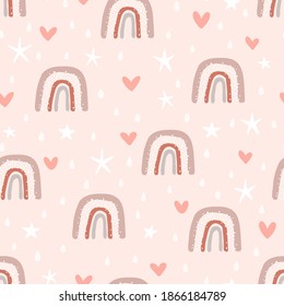 Vector seamless pattern with hand drawn cute rainbows, hearts, stars and raindrops. Simple design for child textile, decoration, wallpaper, stationery.