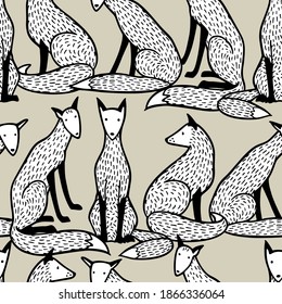 Vector seamless pattern with hand drawn sweet foxes in different postures. Beautiful animals design elements, ink drawing made in cartoonish style. Perfect for prints and patterns