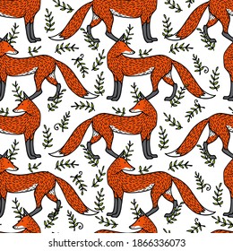 Vector seamless pattern with hand drawn sweet red foxes in floral leafy wreath. Beautiful animals design elements, ink drawing made in cartoonish style. Perfect for prints and patterns