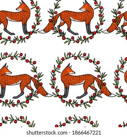 Vector seamless pattern with hand drawn sweet red foxes in red berries wreath. Beautiful animals design elements, ink drawing made in cartoonish style. Perfect for prints and patterns