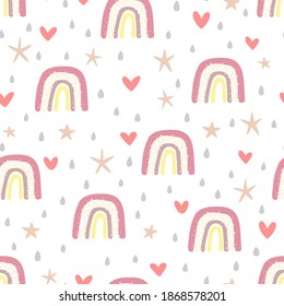 Vector seamless pattern with hand drawn cute rainbows, hearts, stars and raindrops. Simple design for child textile, decoration, wallpaper, stationery.