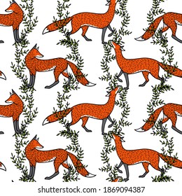 Vector seamless pattern with hand drawn sweet foxes in floral leafy wreath. Beautiful animals design elements, ink drawing made in cartoonish style. Perfect for prints and patterns