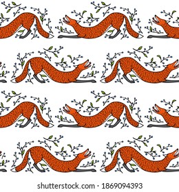 Vector seamless pattern with hand drawn sweet red foxes in wild berry laurel. Beautiful animals design elements, ink drawing made in cartoonish style. Perfect for prints and patterns