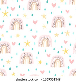 Vector seamless pattern with hand drawn cute rainbows, hearts, stars and raindrops. Simple design for child textile, decoration, wallpaper, stationery.