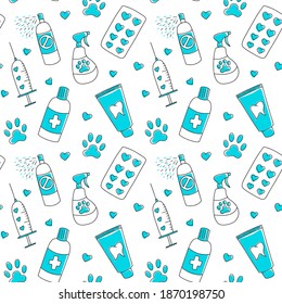 Vector seamless pattern. Hand drawn icons - spray, pills, syringe, tooth paste and paw. Concept for pet shop or veterinary clinic, isolated on white background