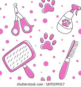 Vector seamless pattern. Hand drawn icons - brush, scissors, spray and paw. Concept for grooming salon, pet shop or veterinary clinic, isolated on white background