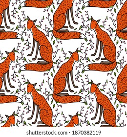 Vector seamless pattern with hand drawn sweet red foxes and floral berry twigs. Beautiful animals design elements, ink drawing made in cartoonish style. Perfect for prints and patterns
