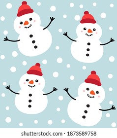 Vector seamless pattern of hand drawn doodle flat snowman isolated on blue background