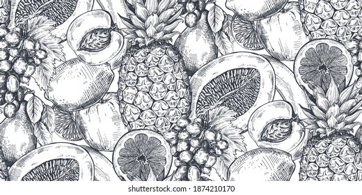 Vector seamless pattern with hand drawn exotic fresh fruits in sketch style. Detailed vegetarian food drawing. Tasty endless background