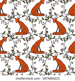 Vector seamless pattern with hand drawn sweet red foxes in floral berry wreaths. Beautiful animals design elements, ink drawing made in cartoonish style. Perfect for prints and patterns