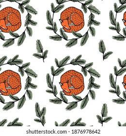 Vector seamless pattern with hand drawn sweet sleeping red foxes in pine twigs wreath. Beautiful animals design elements, ink drawing made in cartoonish style. Perfect for prints and patterns