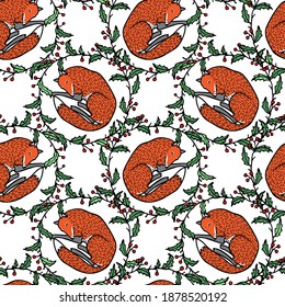 Vector seamless pattern with hand drawn sweet sleeping red foxes in holly wreath. Beautiful animals design elements, ink drawing made in cartoonish style. Perfect for prints and patterns