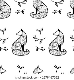 Vector seamless pattern with hand drawn sweet foxes with floral berry twigs. Beautiful animals design elements, ink drawing made in cartoonish style. Perfect for prints and patterns