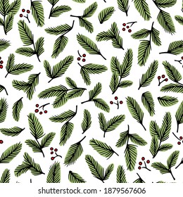 Vector seamless pattern with hand drawn pine and barberry twigs made with ink. Beautiful floral design elements, perfect for Christmas and New Year prints and patterns