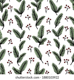 Vector seamless pattern with hand drawn pine and barberry twigs made with ink. Beautiful floral design elements, perfect for Christmas and New Year prints and patterns