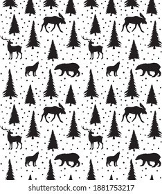 Vector seamless pattern of hand drawn forest animals and spruce trees silhouette isolated on white background