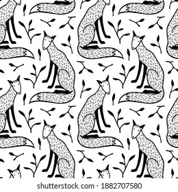 Vector seamless pattern with hand drawn sweet foxes with floral leafy twigs. Beautiful animals design elements, ink drawing made in cartoonish style. Perfect for prints and patterns