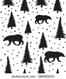 Vector seamless pattern of hand drawn bear and forest spruce tree silhouette isolated on white background